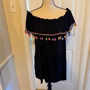 Elegant Black Off-Shoulder Blouse with Multicolor Tassels